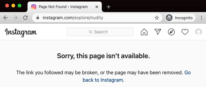 Page not found error when you search for a banned hashtag on Instagram's desktop website.