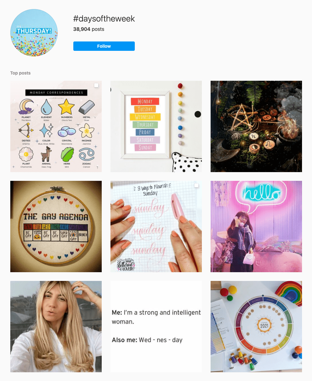 Instagram explore page for the hashtag #daysoftheweek.